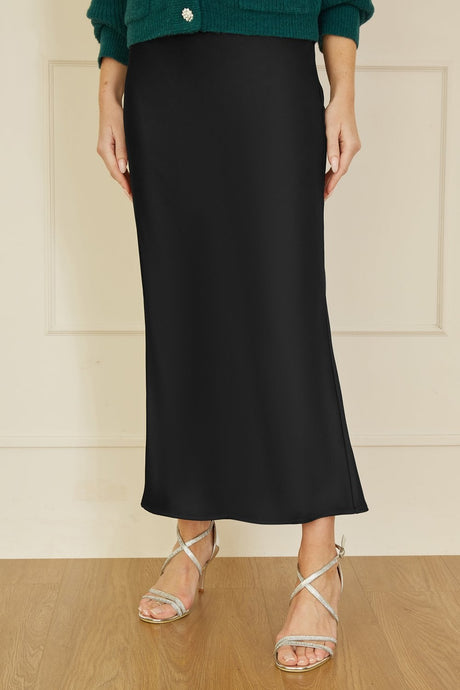 Yumi Black Satin Midi Skirt