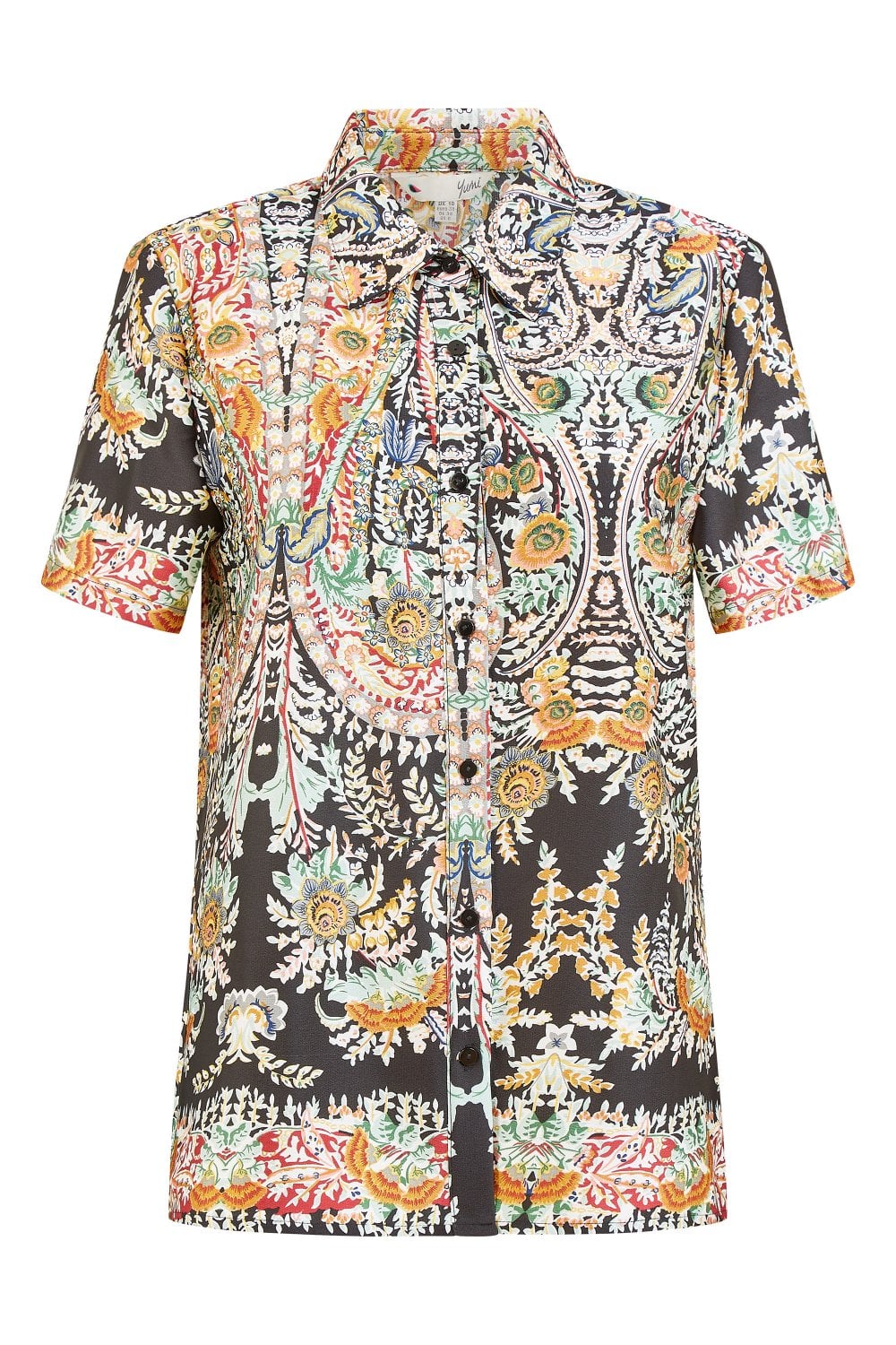 Yumi Black Satin Paisley Print Short Sleeve Shirt