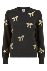 Yumi Black Sequin All Over Applique Bow Knitted Jumper