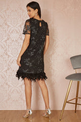 Yumi Black Sequin Embroidered Tunic Dress With Feather Trim Hemline