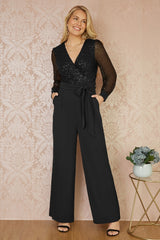Yumi Black Sequin Jumpsuit With Long Sleeves