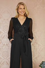 Yumi Black Sequin Jumpsuit With Long Sleeves