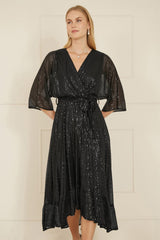 Yumi Black Sequin Kimono Midi Wrap Dress