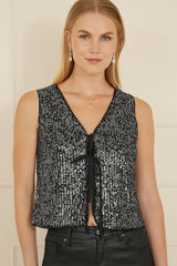 Yumi Black Sequin Tie Front Waistcoat