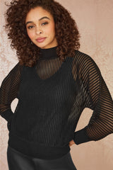 Yumi Black Sheer Roll Neck Jumper With Knitted Vest Top