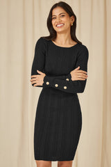 Yumi Black Shimmer Fitted Midi Dress With Button