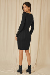 Yumi Black Shimmer Fitted Midi Dress With Button