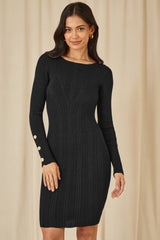 Yumi Black Shimmer Fitted Midi Dress With Button