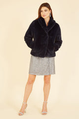 Yumi Black Short Wrap Faux Fur Coat