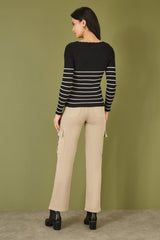 Yumi Black Stripe Rib Knitted Long Sleeve Top With Button Details