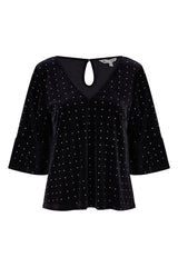 Yumi Black Stud Velvet Relaxed Fit Top With Fluted Sleeves