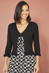 Yumi Black Tie Up Ribbed Cardigan With Frill Hem