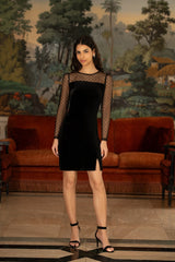 Yumi Black Velvet Dress With Sheer Long Sleeves