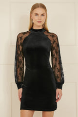 Yumi Black Velvet Fitted Dress With Lace Sleeves