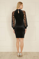Yumi Black Velvet Fitted Dress With Lace Sleeves