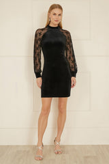 Yumi Black Velvet Fitted Dress With Lace Sleeves