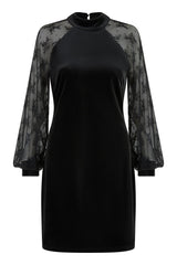 Yumi Black Velvet Fitted Dress With Lace Sleeves