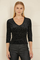 Yumi Black Velvet Leopard V Neck Top