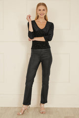 Yumi Black Velvet Leopard V Neck Top