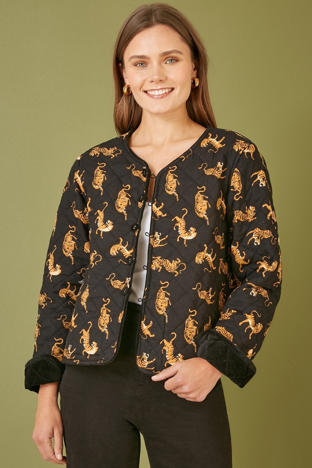Yumi Black Velvet Quilted Jacket With Reversible Leopard Lining