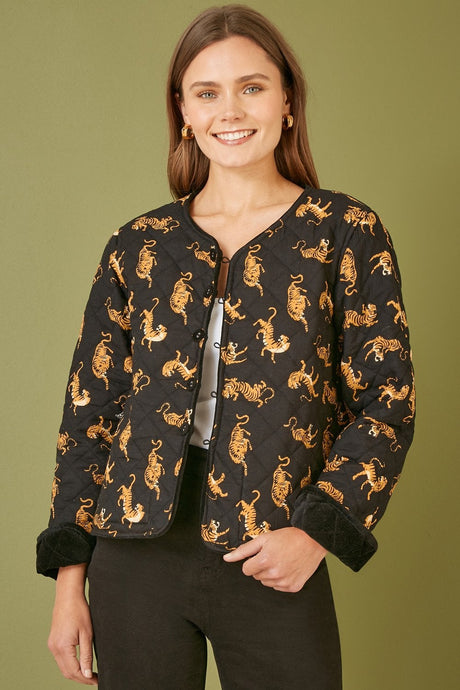 Yumi Black Velvet Quilted Jacket With Reversible Leopard Lining