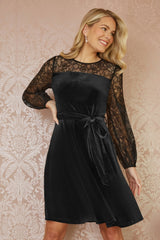 Yumi Black Velvet Skater Dress With Lace Sleeves