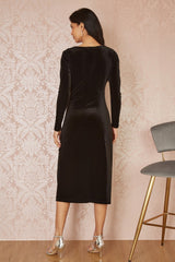 Yumi Black Velvet V Neck Fitted Ruched Midi Dress
