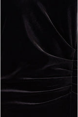 Yumi Black Velvet V Neck Fitted Ruched Midi Dress