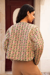 Yumi Blue Floral Print Reversible Cotton Cropped Quilted Jacket
