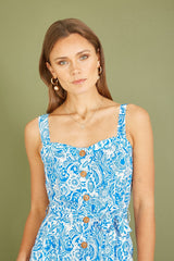 Yumi Blue Paisley leaf Print Midi Sundress