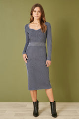 Yumi Blue Rib Knitted Fitted Jumper With Sweetheart Neckline