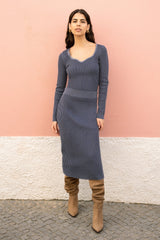 Yumi Blue Rib Knitted Fitted Jumper With Sweetheart Neckline