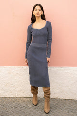 Yumi Blue Ribbed Knitted Midi Skirt
