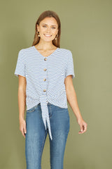Yumi Blue Striped Jersey Button Detail Top