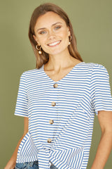 Yumi Blue Striped Jersey Button Detail Top