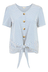 Yumi Blue Striped Jersey Button Detail Top