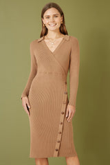 Yumi Brown Knitted Midi Dress With Asymmetric Button Details
