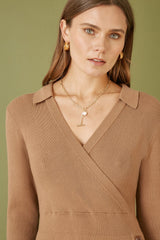 Yumi Brown Knitted Midi Dress With Asymmetric Button Details