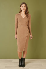 Yumi Brown Knitted Midi Dress With Asymmetric Button Details