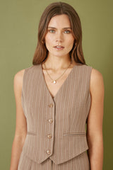 Yumi Brown Pinstripe Sustainable Cotton And Ramie Waist Coat Vest