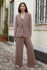 Yumi Brown Pinstripe Sustainable Cotton And Ramie Wide Leg Trousers