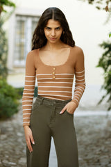 Yumi Brown Stripe Rib Knitted Long Sleeve Top With Button Details