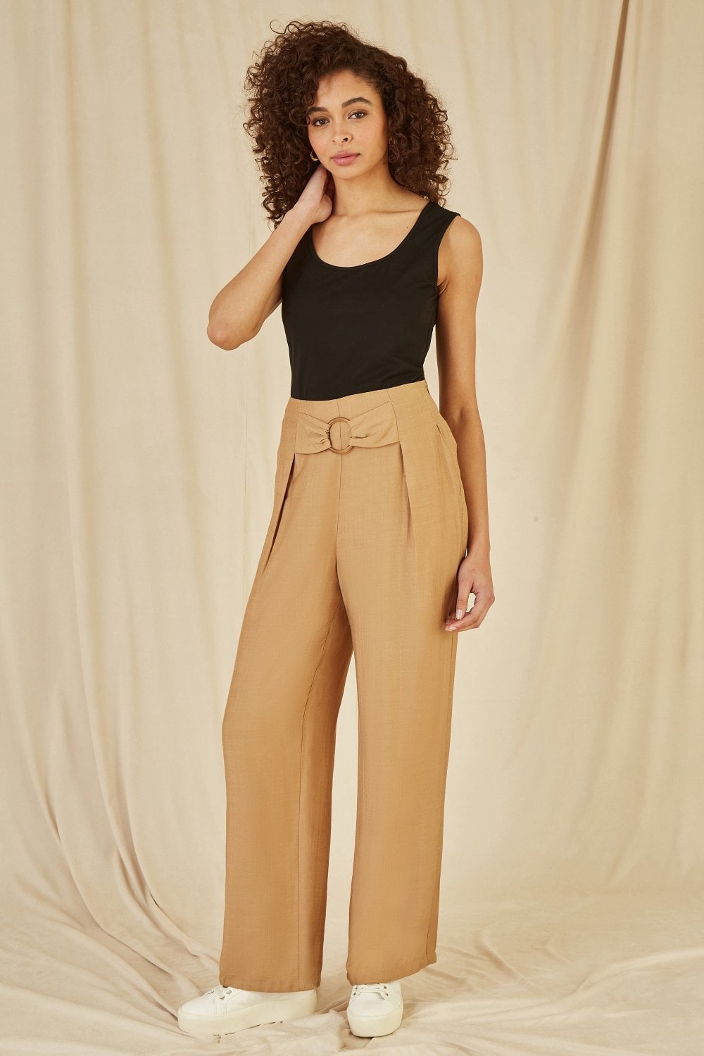 Yumi Brown Wide Leg trousers With Front Buckle Detail