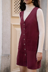Yumi Burgundy Cord Button Through Pinafore Dress With Pockets