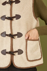 Yumi Cream Borg Gilet With Faux Leather Button Details