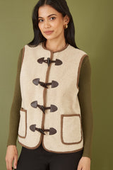 Yumi Cream Borg Gilet With Faux Leather Button Details