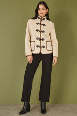 Yumi Cream Borg Jacket With Faux Leather Button Details