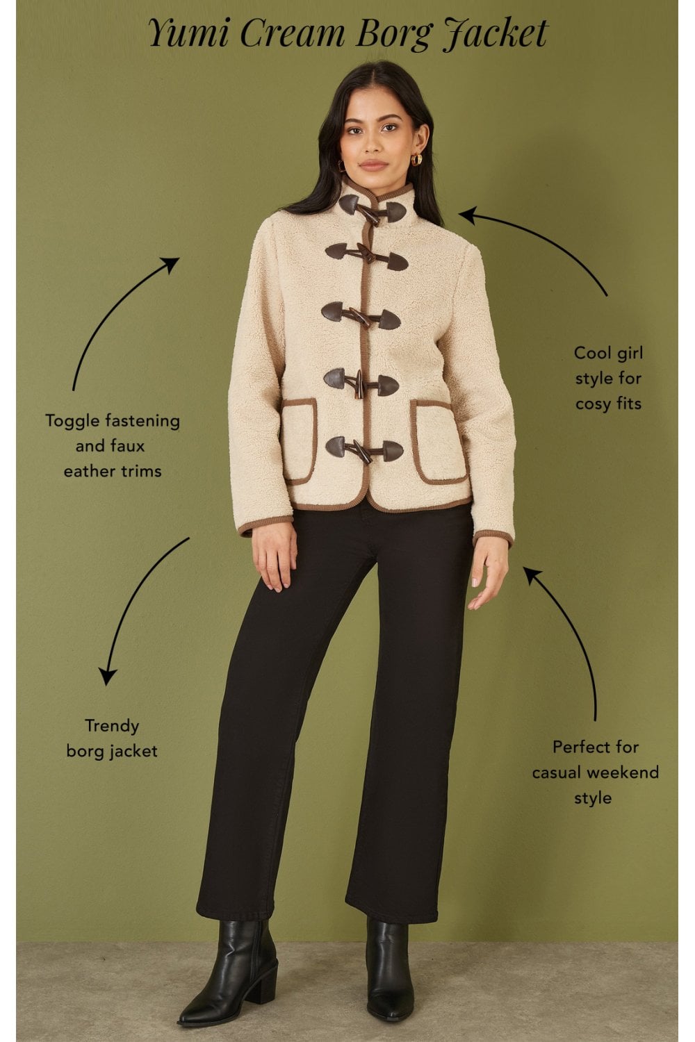 Yumi Cream Borg Jacket With Faux Leather Button Details