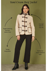 Yumi Cream Borg Jacket With Faux Leather Button Details