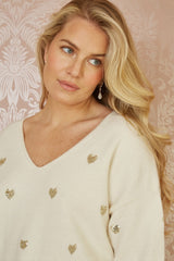 Yumi Cream Sequin Heart V Neck Jumper